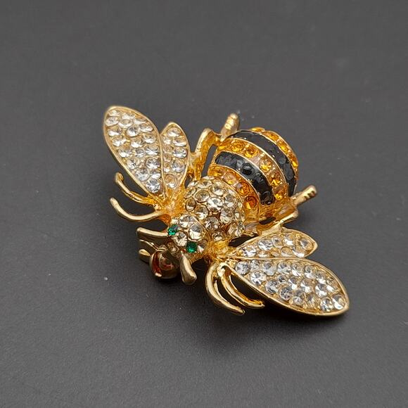 Bee Gold Plated Brooch, Insect Pin Clear Black Yellow Rhinestones Signed Ricinni - Picture 5 of 11